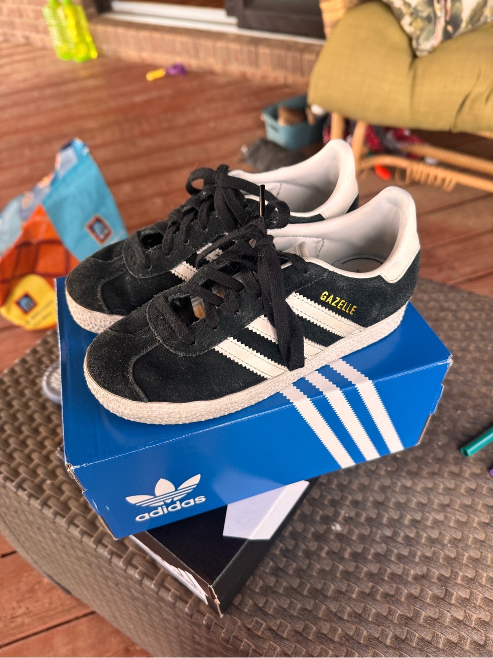 adidas Black Suede Sneakers with White Stripes and Gold Logo